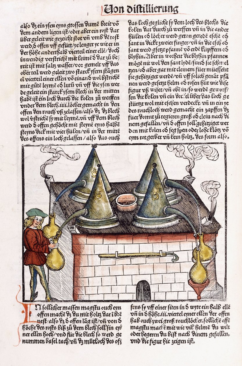 Ilustração de uma destilaria do final do século 15 para extrair os óleos essenciais de plantas, 1500 de Hieronymus Brunschwig