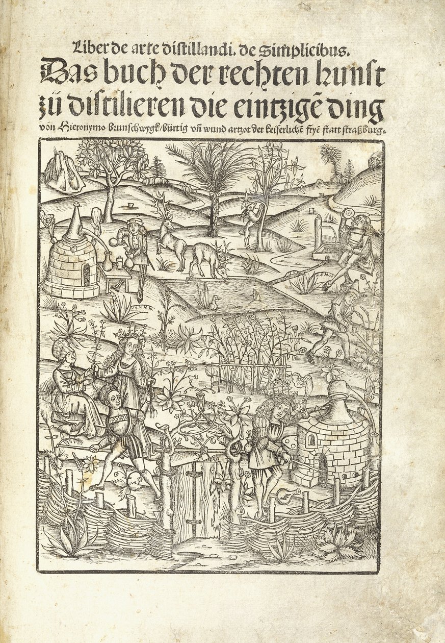 Página de título, ilustrando destilarias de ervas com figuras em uma paisagem de Hieronymus Brunschwig