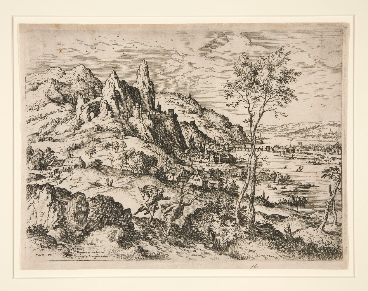 Dafne perseguida por Apolo, de Paisagens com Cenas Bíblicas e Mitológicas de Hieronymus Cock
