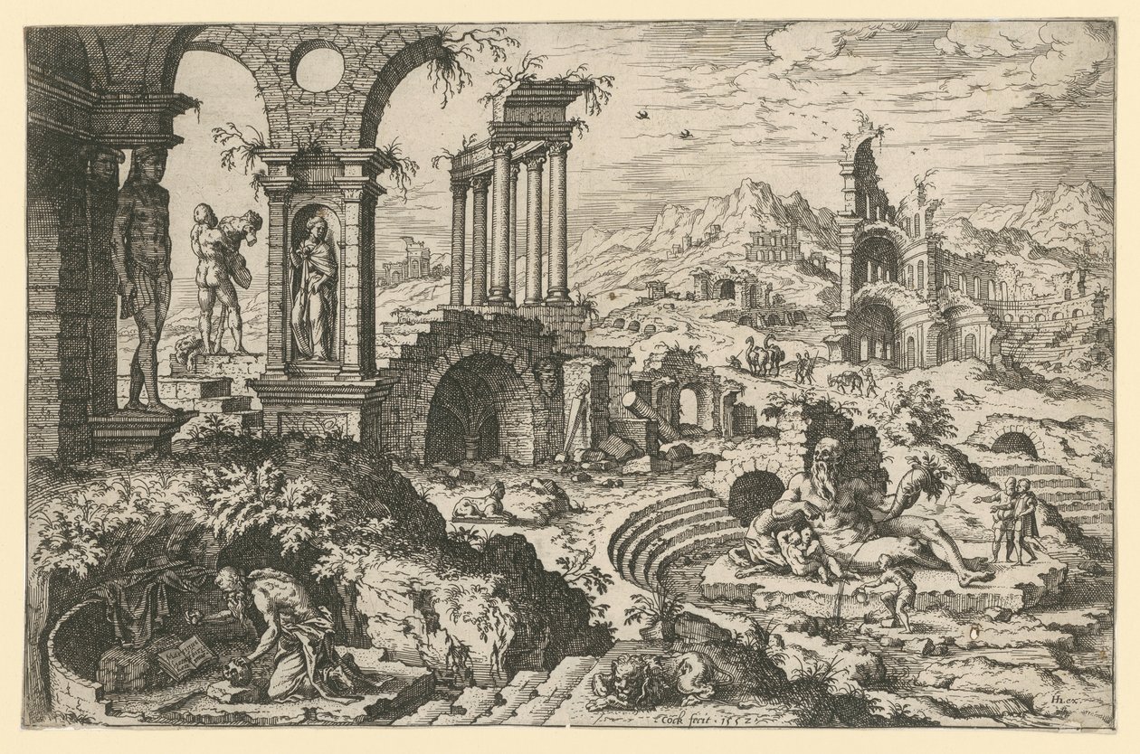 São Jerónimo numa paisagem de ruínas de Hieronymus Cock