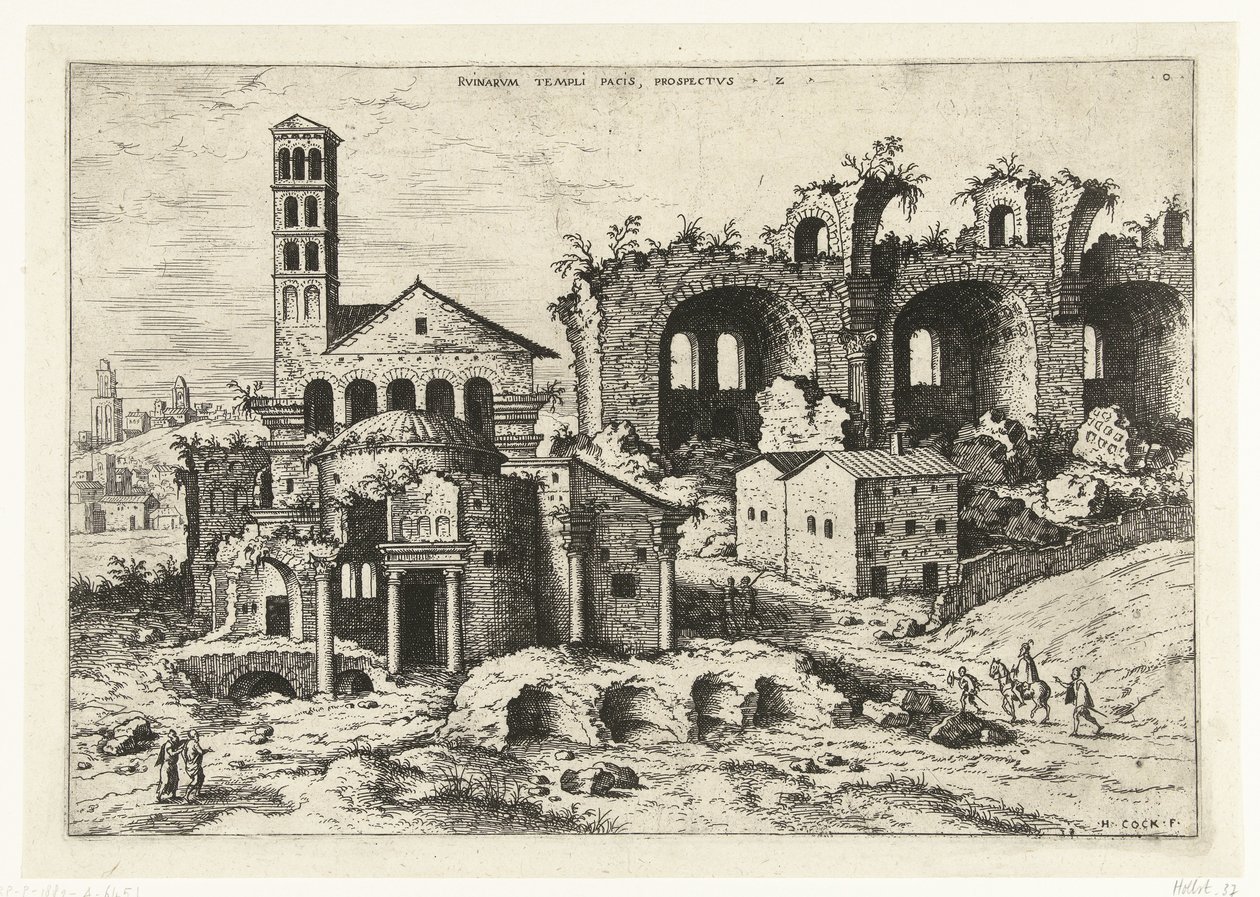 Vista do Templo de Rómulo e da Basílica de Constantino
Rvinarvm Templi Pacis (...) (título sobre o objecto)
Ruínas romanas (título da série) de Hieronymus Cock