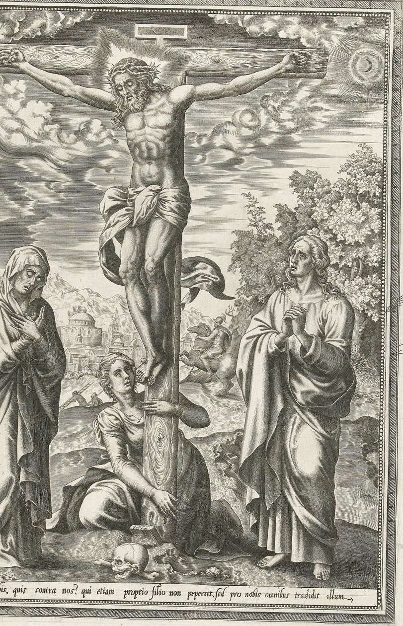 Crucificação com Maria, João Batista e Maria Madalena de Hieronymus Cock