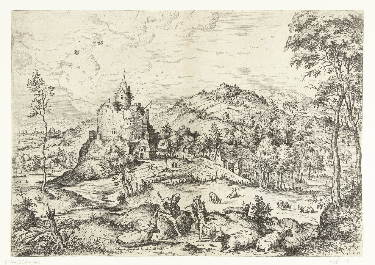 Mercúrio e Argus Paisagens com cenas bíblicas e mitológicas (título da série) de Hieronymus Cock