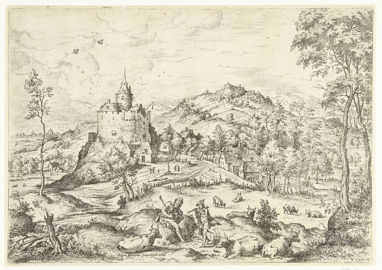 Mercúrio e Argus Paisagens com cenas bíblicas e mitológicas (título da série) de Hieronymus Cock