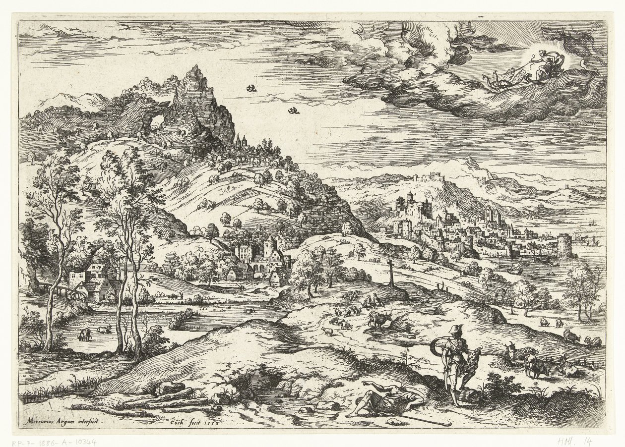 Mercúrio com a cabeça de Argus Paisagens com cenas bíblicas e mitológicas (título da série) de Hieronymus Cock