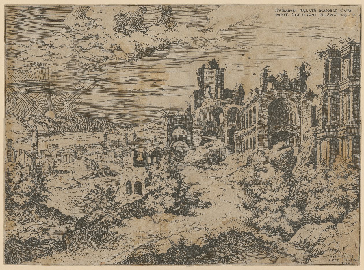 Ruínas do Palatino com vista panorâmica da paisagem, folha 3 da série «Praecipua aliquot Romanae Antiquitatis Ruinarum Monimenta [...]» de Hieronymus Cock