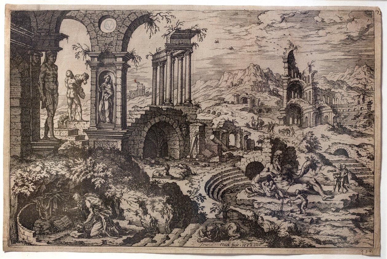 Paisagem em ruínas com o santo penitente Jerónimo de Hieronymus Cock