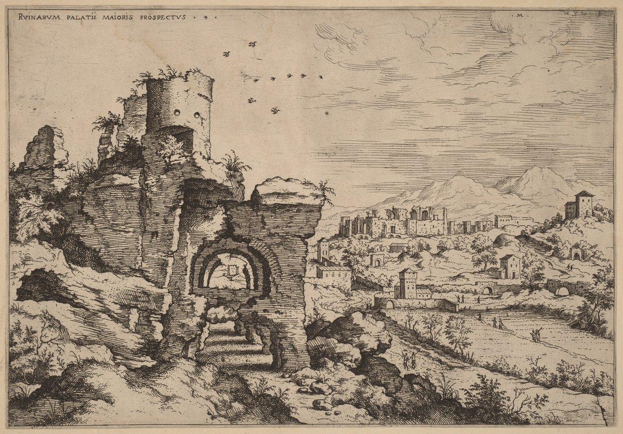 Ruínas no Palatino, com vista para as Termas de Caracalla de Hieronymus Cock