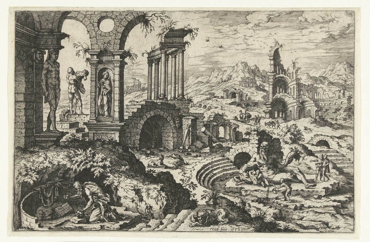 Paisagem arruinada com o penitente Hieronymus de Hieronymus Cock