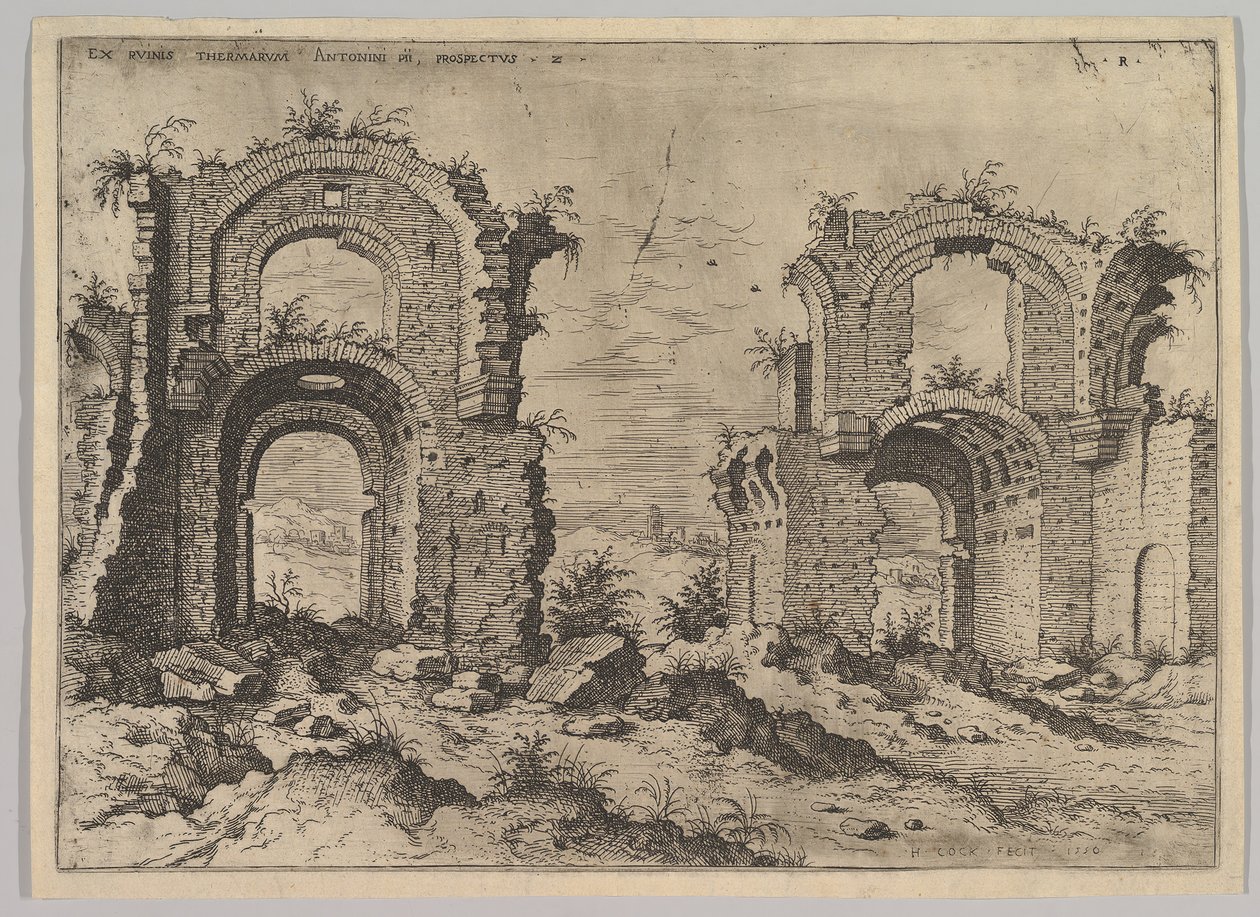 Segunda vista dos banhos de Diocleciano, do conjunto das ruínas romanas, 1550. de Hieronymus Cock
