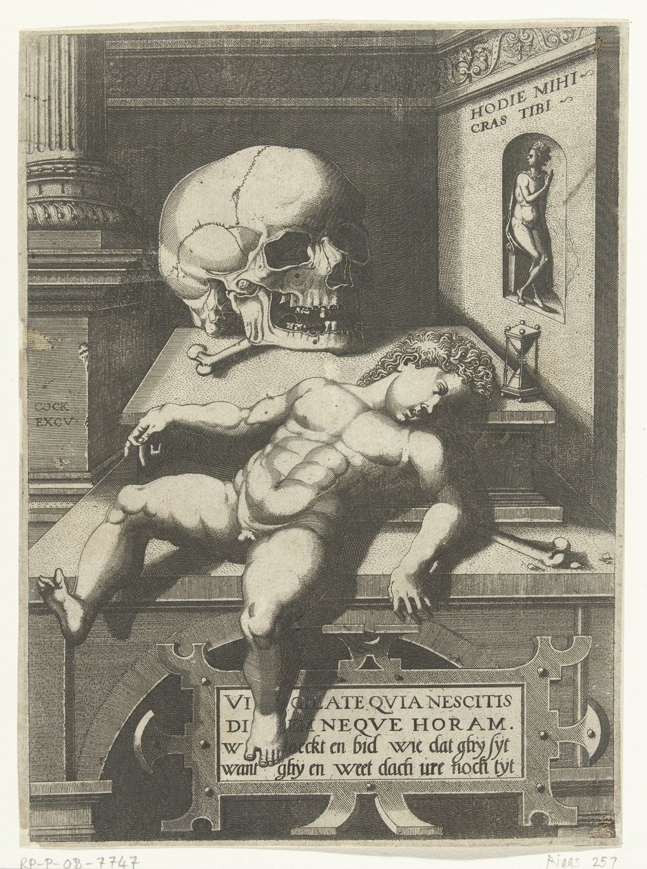 Performance de Vanitas com criança e caveira (Hodi mihi kras tibi / Hoje eu, amanhã tu) de Hieronymus Cock