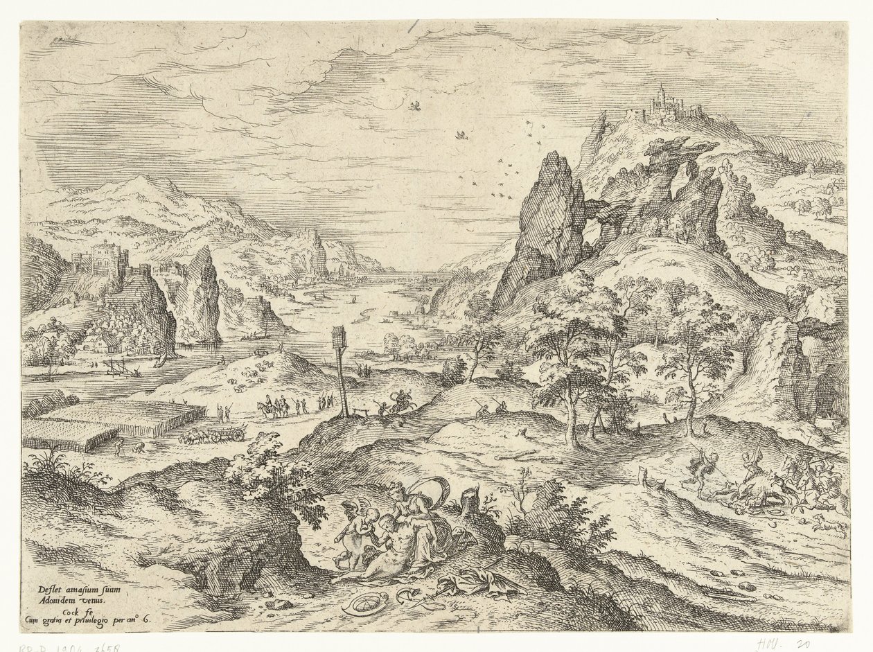 Vênus lamenta a morte de Adonis Paisagens com cenas bíblicas e mitológicas (título da série) de Hieronymus Cock