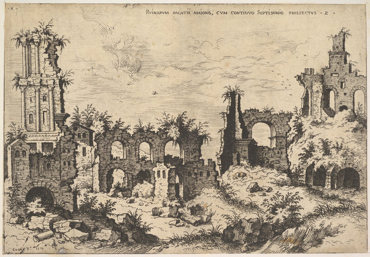 Vista das ruínas do Monte Palatino com fachada trabecificada à esquerda e arcadas no centro, fr ..., 1550. de Hieronymus Cock