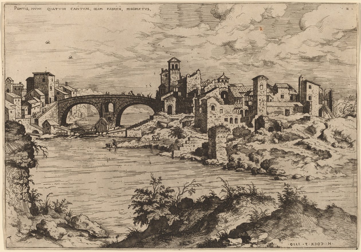 Vista da Ponte Quattro Capi e da Ilha do Tibre de Hieronymus Cock