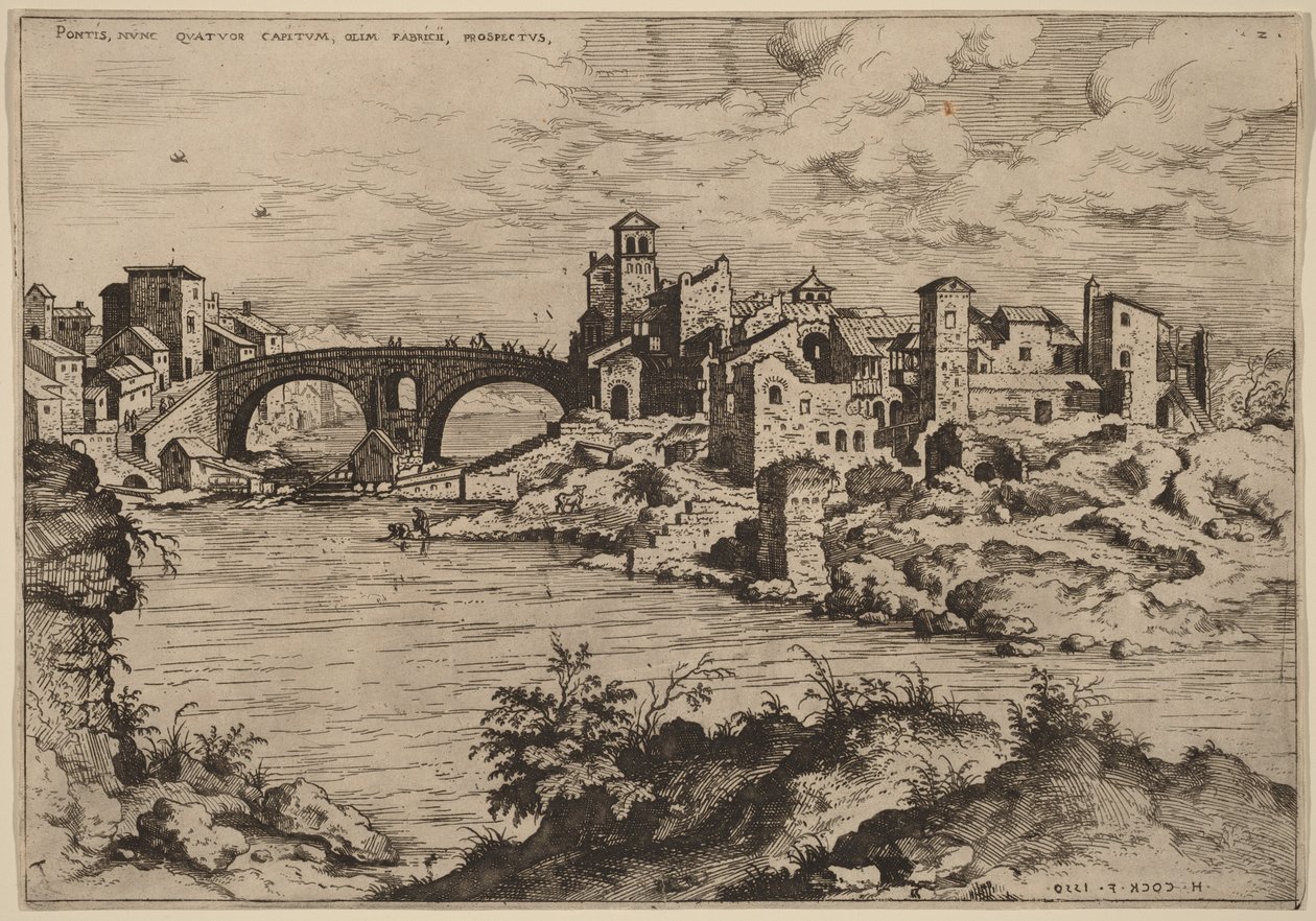 Vista da Ponte Quattro Capi e da Ilha do Tibre de Hieronymus Cock