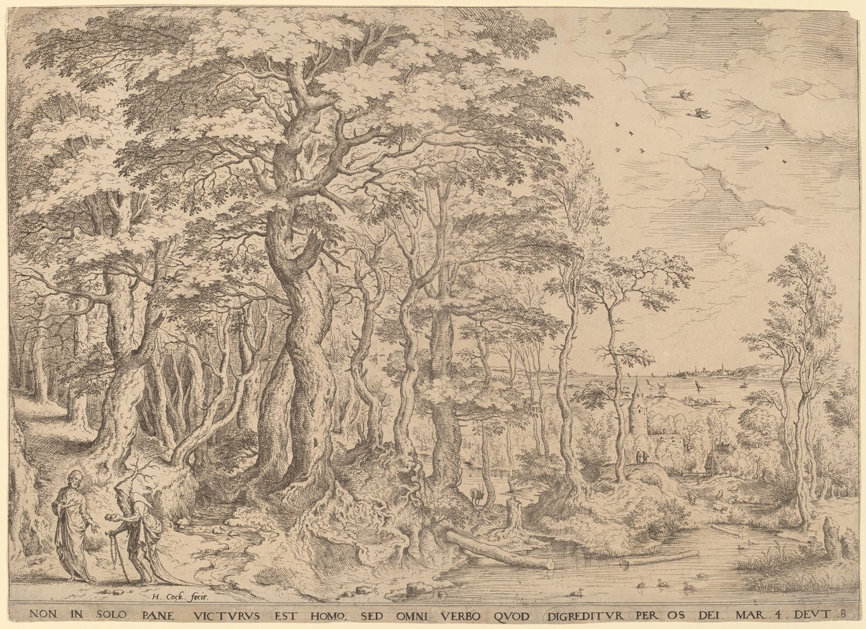 Paisagem com a tentação de Cristo de Hieronymus Cock after Pieter Bruegel the Elder