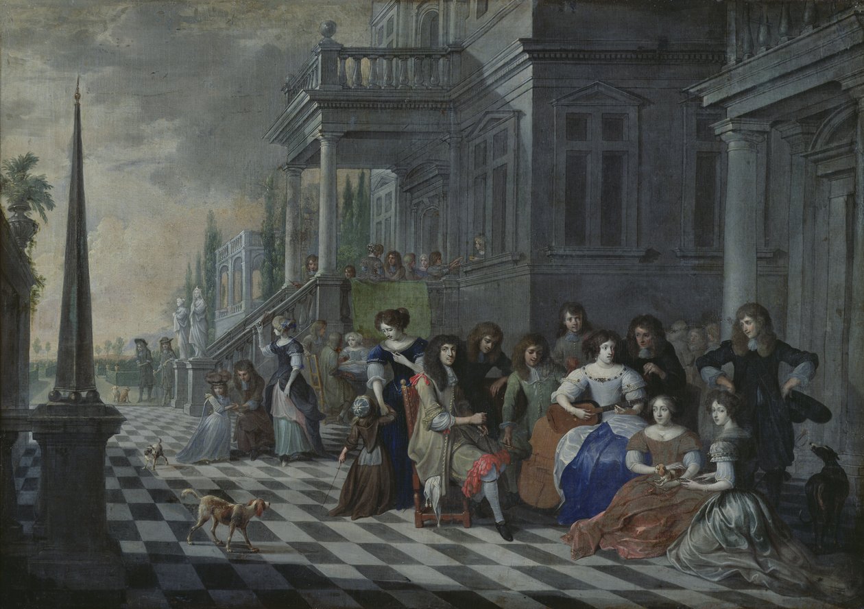 Personagens fazendo música na frente de um palácio, 1672 de Hieronymus Janssens