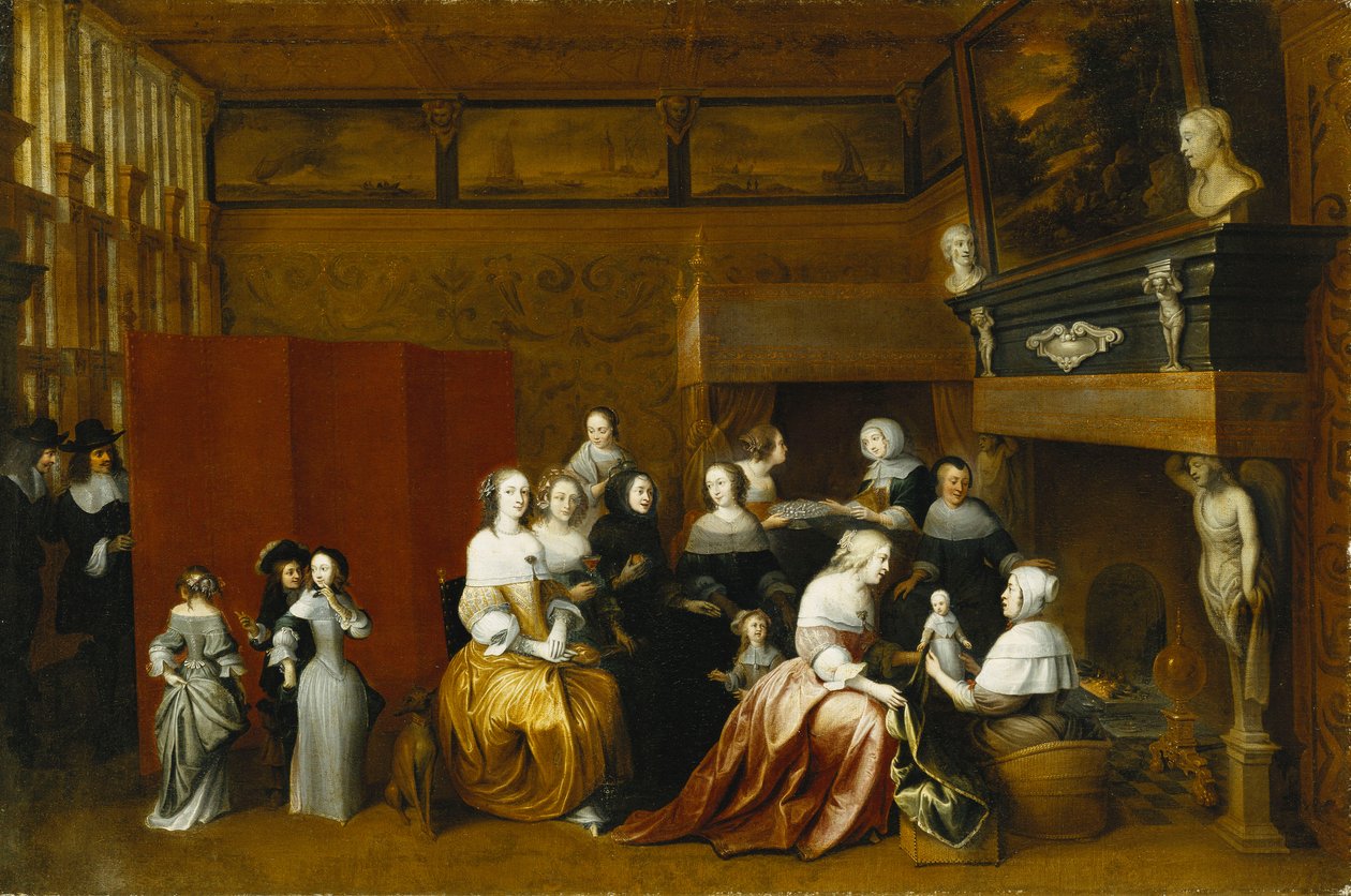 Senhoras que comemoram o nascimento de uma criança e senhores olhando de trás de uma tela, no interior, de Hieronymus Janssens