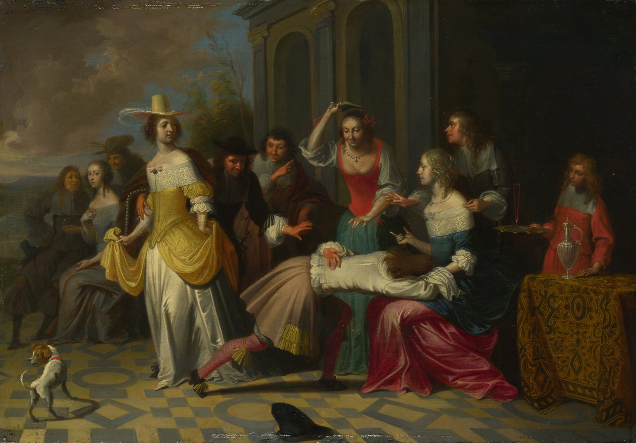 Senhoras e senhores tocando La Main Chaude, c. 1655-1665 de Hieronymus, Janssens