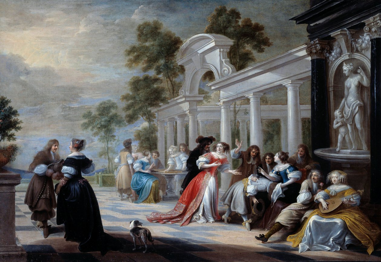 O jogo Mão Quente Jovens da nobreza flamenga jogando em um parque. Pintura de Hieronymus Janssens dit le Dancer (1624-1693) 17th Century Sun. 0,58x0,83 m de Hieronymus Janssens