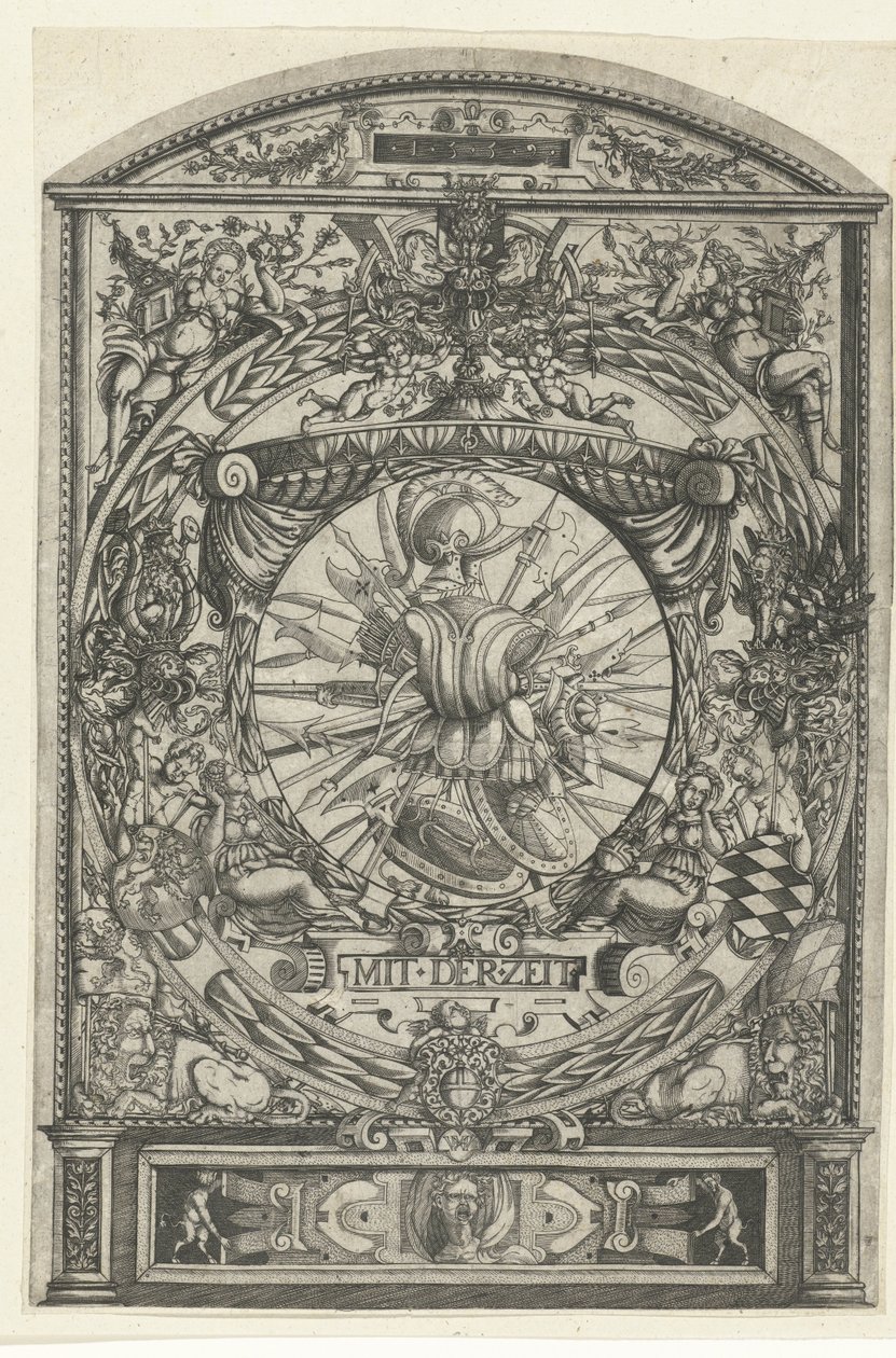 Medalhão com troféu de arma em moldura ornamental de Hieronymus Wechinger
