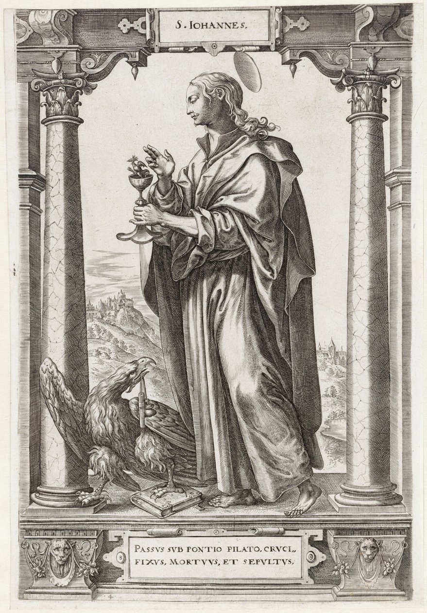 São João Evangelista S. Iohannes (título no objeto) Cristo e os Doze Apóstolos e São Paulo (título da série) de Hieronymus Wierix