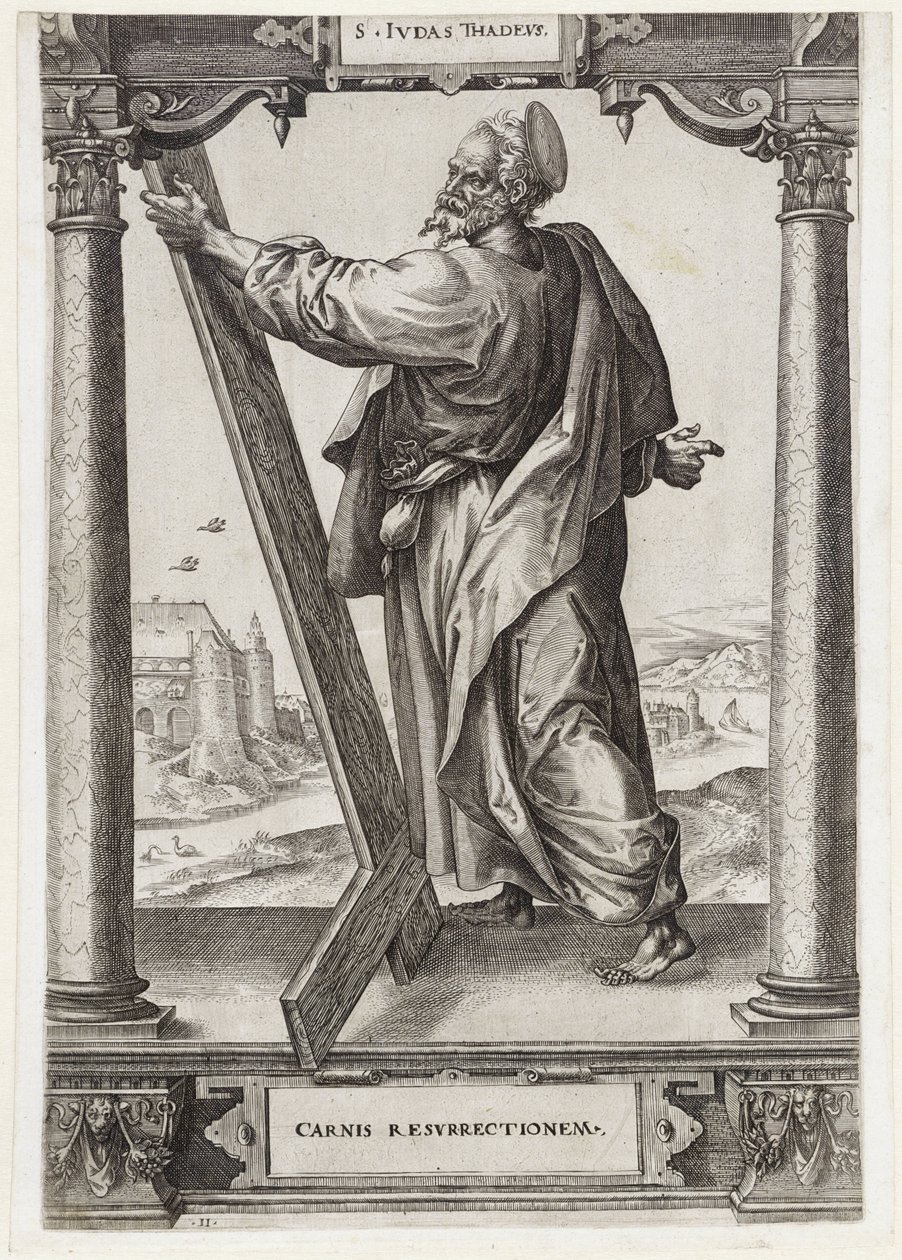 H. Judas Tadeu S. Ivdas Thadevs (título no objeto) Cristo e os Doze Apóstolos e São Paulo (título da série) de Hieronymus Wierix