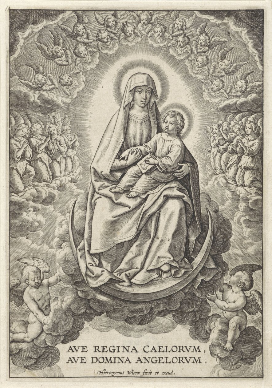 Maria com o Menino Jesus na Lua Crescente Ave Regina Caelorum, Ave Domina Angelorvm (título no objeto) de Hieronymus Wierix