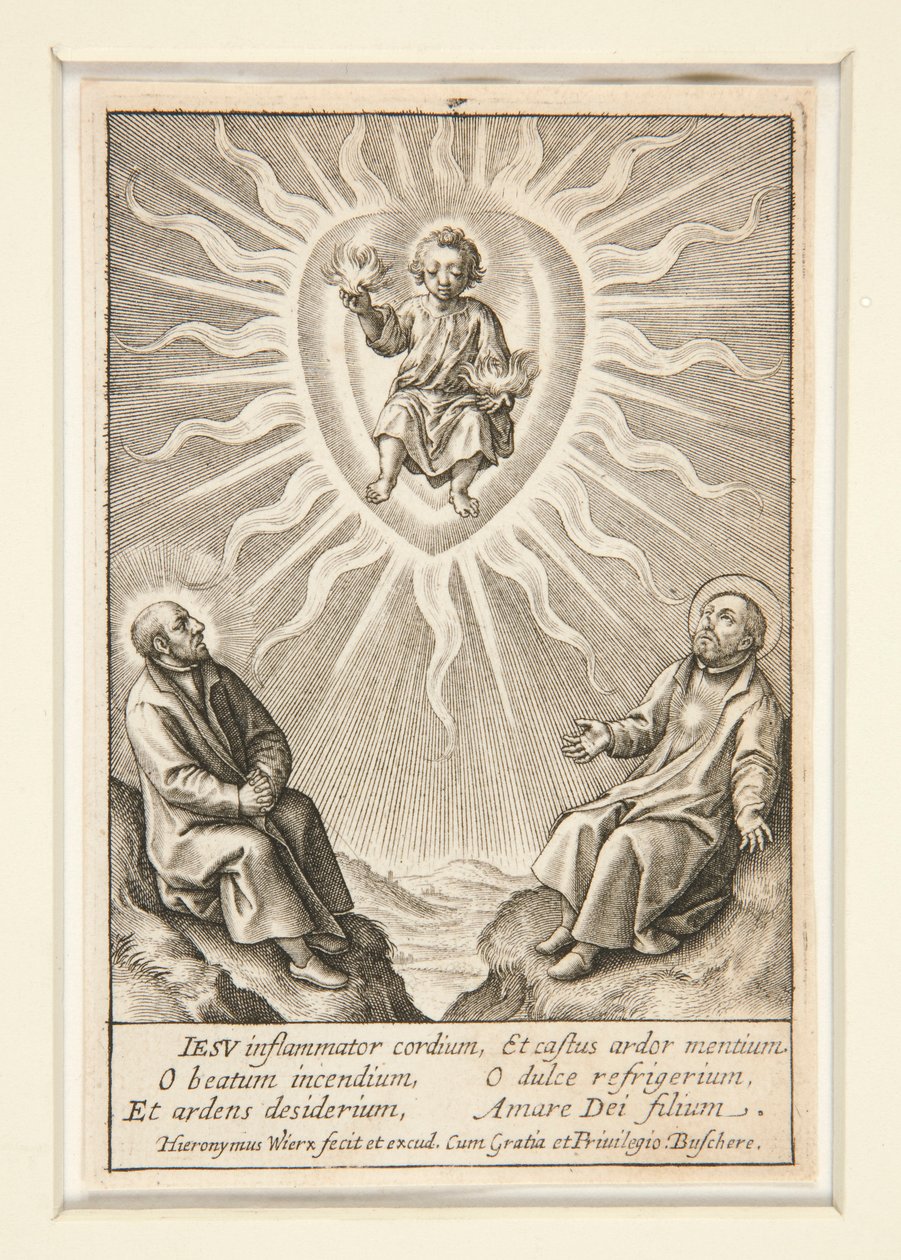 O Menino de Coração Flamejante entre Inácio de Loyola e Francisco Xavier de Hieronymus Wierix