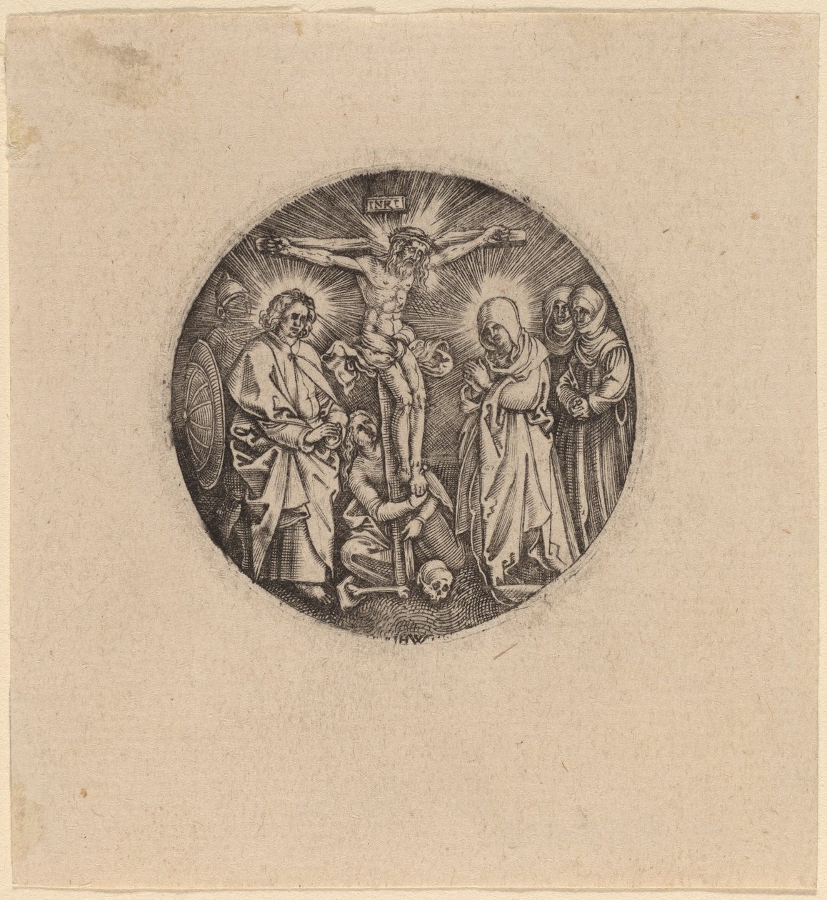 A Crucificação chamou o Pomo da Espada de Maxmilian de Hieronymus Wierix and Antonie Wierix after Albrecht Dürer