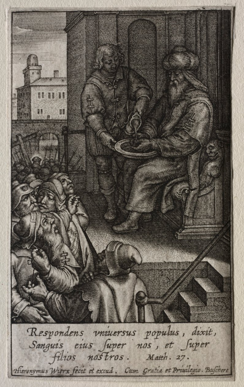 A paixão: Pilatos lavando as mãos. de Hieronymus or Jerome Wierix
