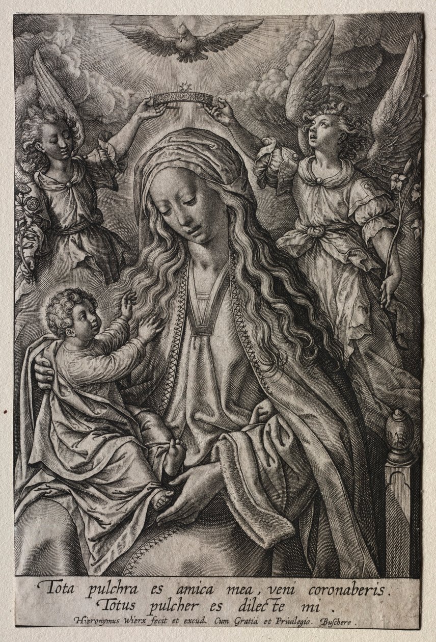 Virgem coroada por dois anjos. de Hieronymus or Jerome Wierix