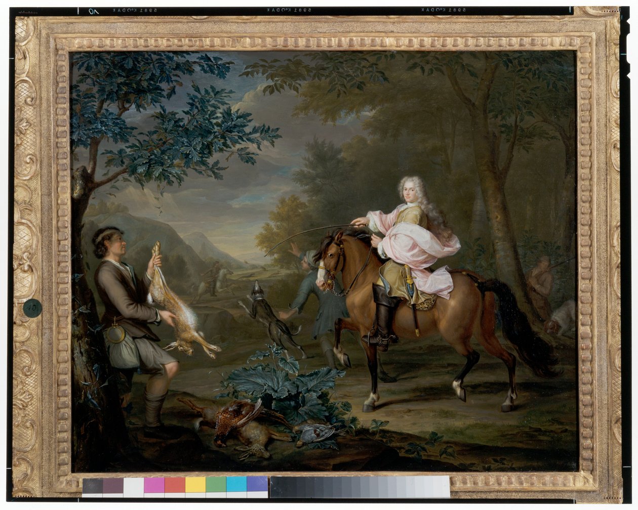 Um cavalheiro a cavalo com caçadores numa extensa paisagem de Hieronymus van der Mij