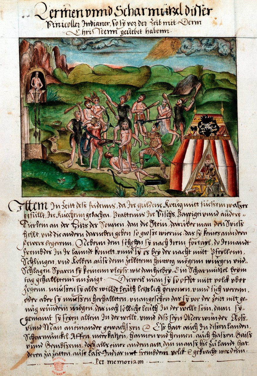 Venezuelanos atacando conquistadores espanhóis, século 16 de Hieronyouse Koler