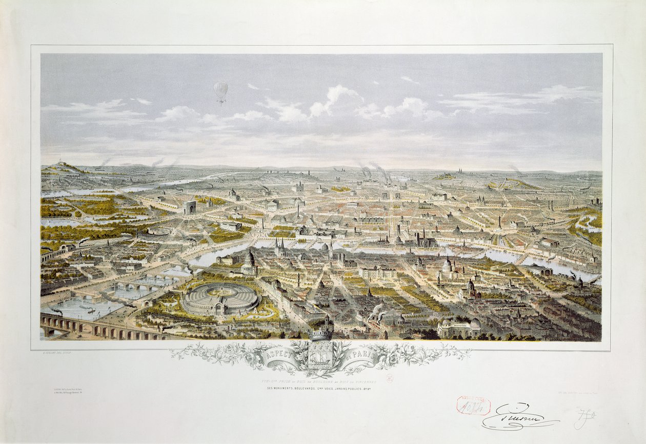 Vista de Paris do Bois de Boulogne, durante a Exposição Universal em 1867 (gravura a cores) de Hilaire Guesnu