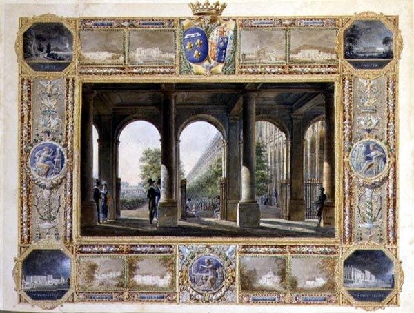 O Palais Royal, Paris, rodeado de vinhetas das residências de infância de Charles Ferdinand, o Duque de Berry (1778-1820) e sua esposa Maria Caroline de Bourbon (aguarela sobre papel) de Hilaire Thierry