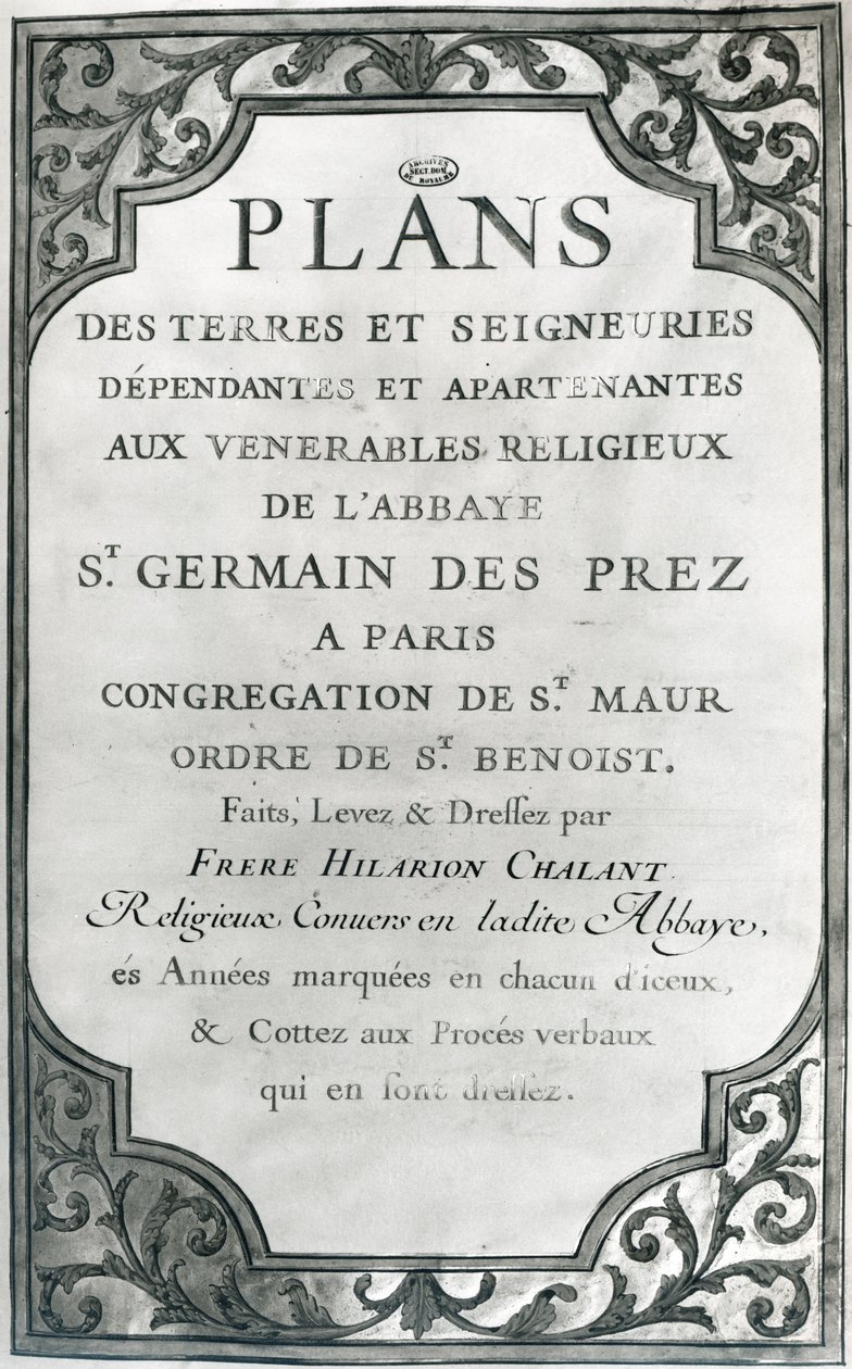 Frontispício para &39;Planos das terras e senhorios da abadia de Saint-Germain-des-Pres&39;, 1668-76 (guache e ouro) de Hilarion Chalant