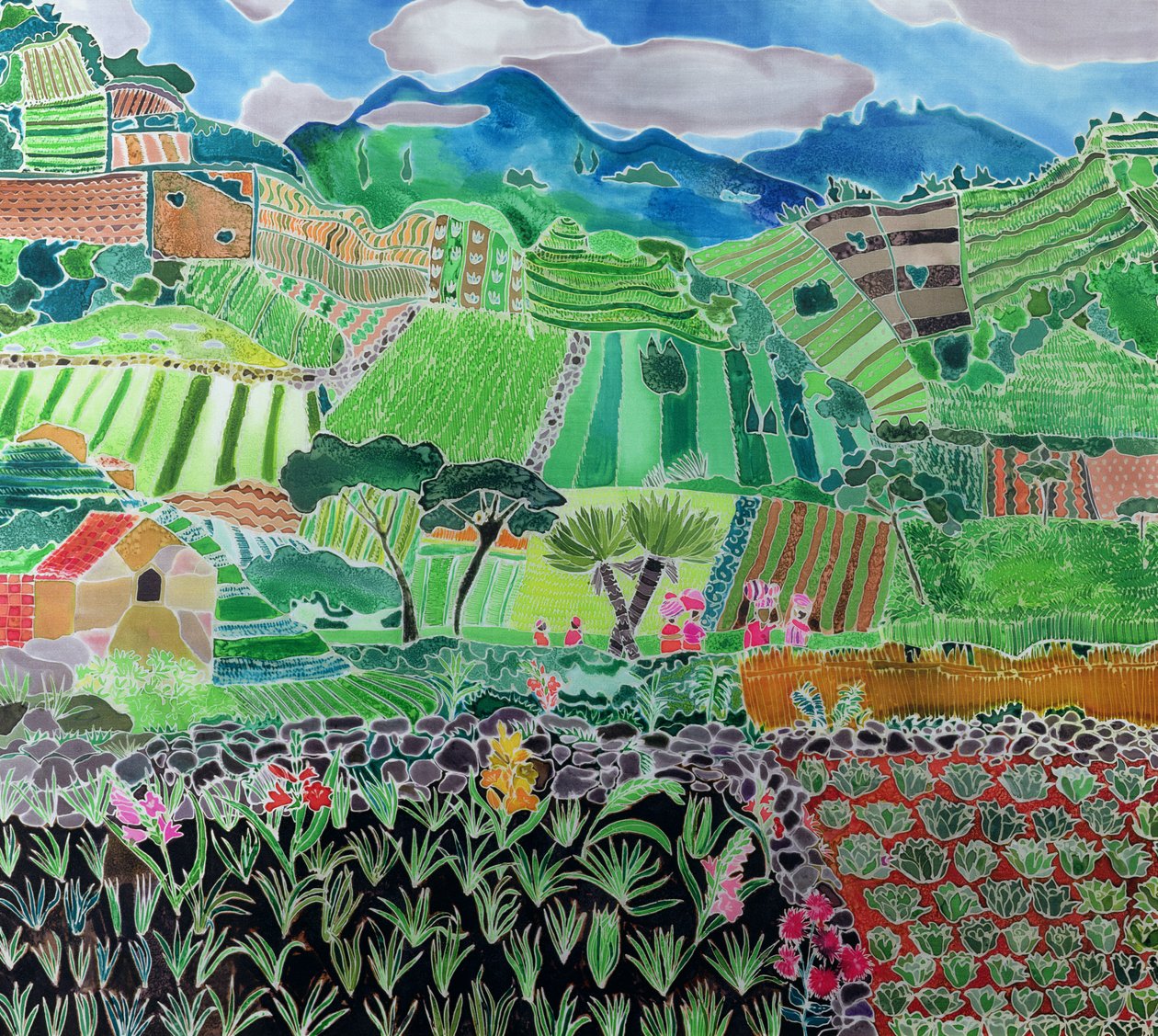 Couves e lírios, região de Solola, Guatemala, 1993 (tintas coloridas sobre seda) de Hilary Simon