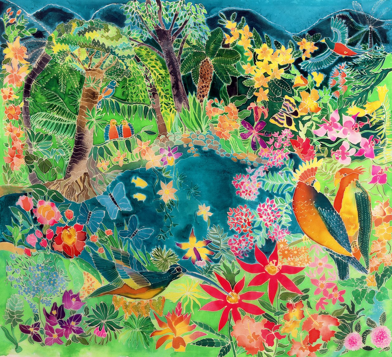 Caribbean Jungle, 1993 (tinta colorida sobre seda) de Hilary Simon