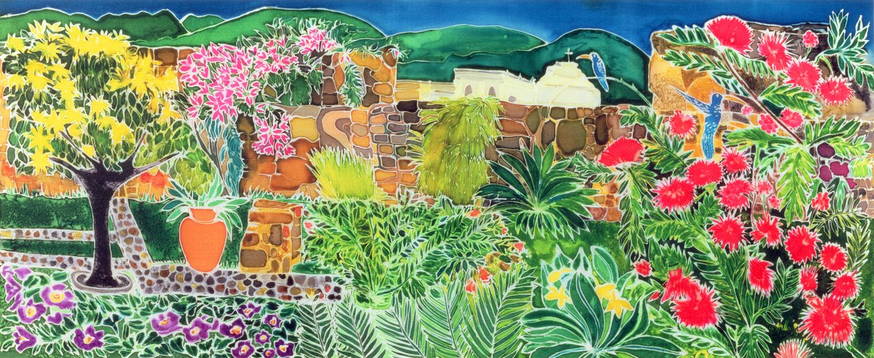 Convent Gardens, Antigua, 1993 (tintas coloridas em seda) de Hilary Simon