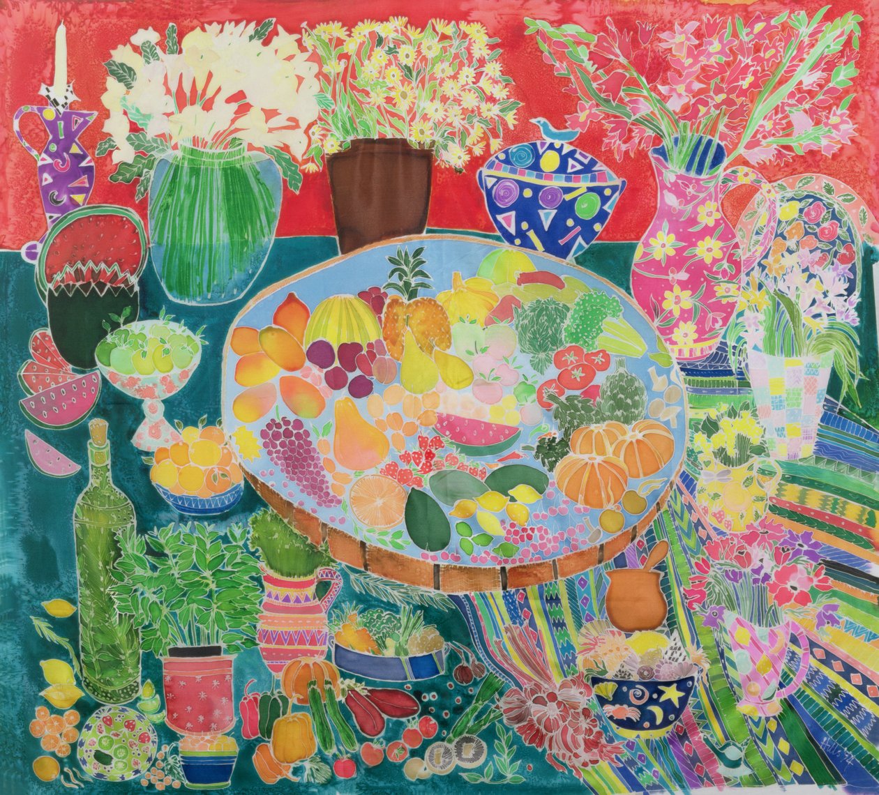 Mesa Guatemalteca, 1995 (tintas coloridas em seda) de Hilary Simon