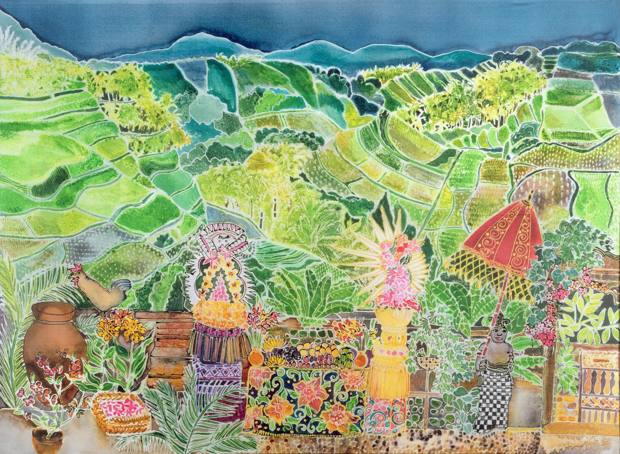 Kedewatan, Bali, 1997 (tintas coloridas em seda) de Hilary Simon