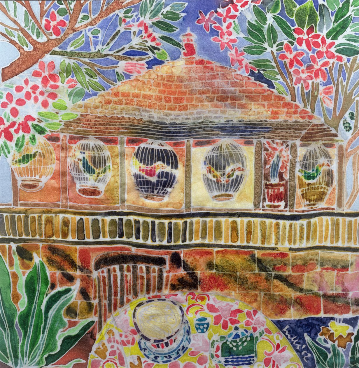 Lotus Cafe, Ubud, Bali, 2002 (tinta colorida sobre seda) de Hilary Simon
