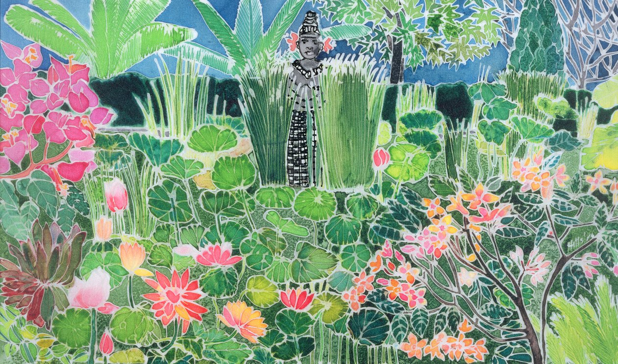 Lotus Pond, Ubud, Bali, 1997 (tintas coloridas em seda) de Hilary Simon