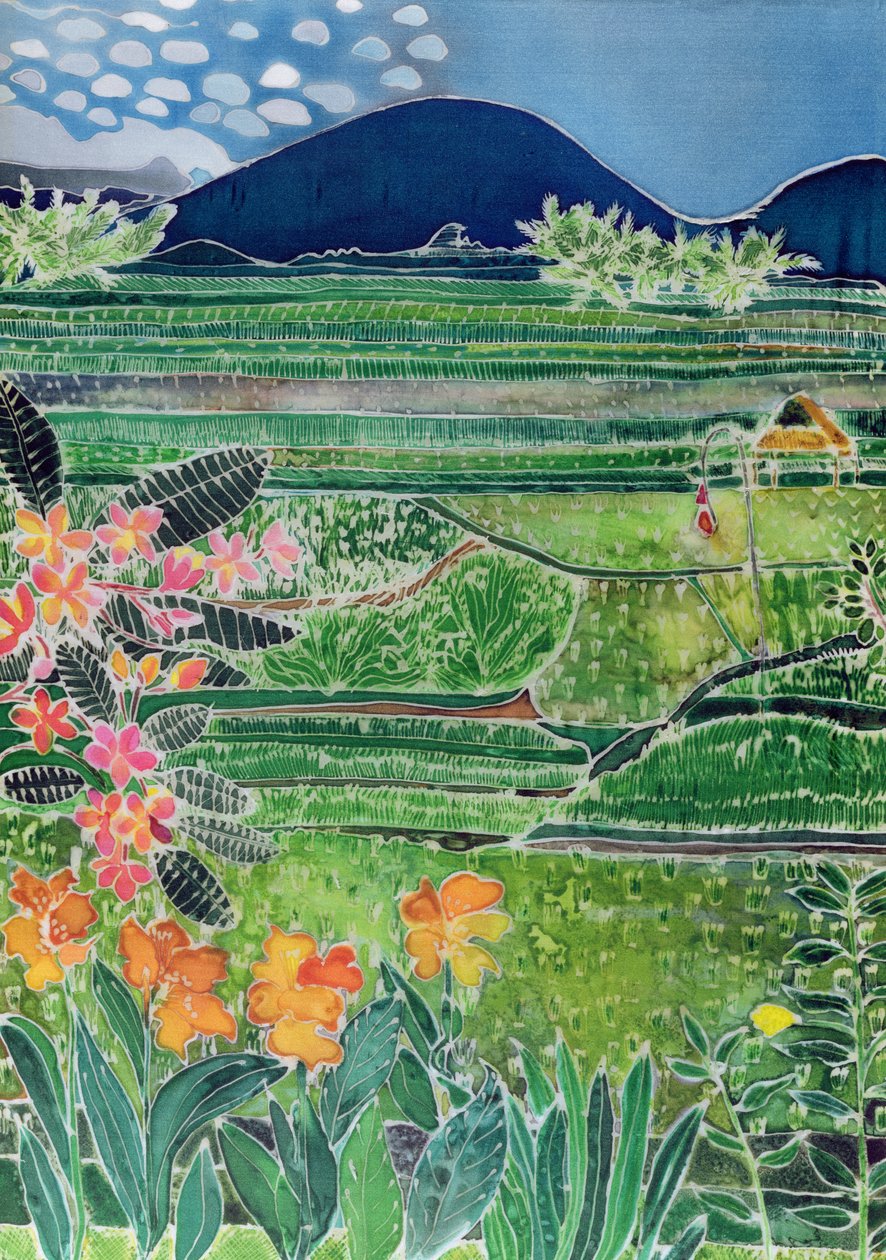 Lovina Ricefields com lírios e Frangipani, Bali, 1996 (tintas coloridas em seda) de Hilary Simon