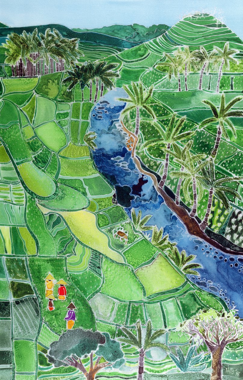 Rio Agung, Bali, 1996 (tintas coloridas em seda) de Hilary Simon