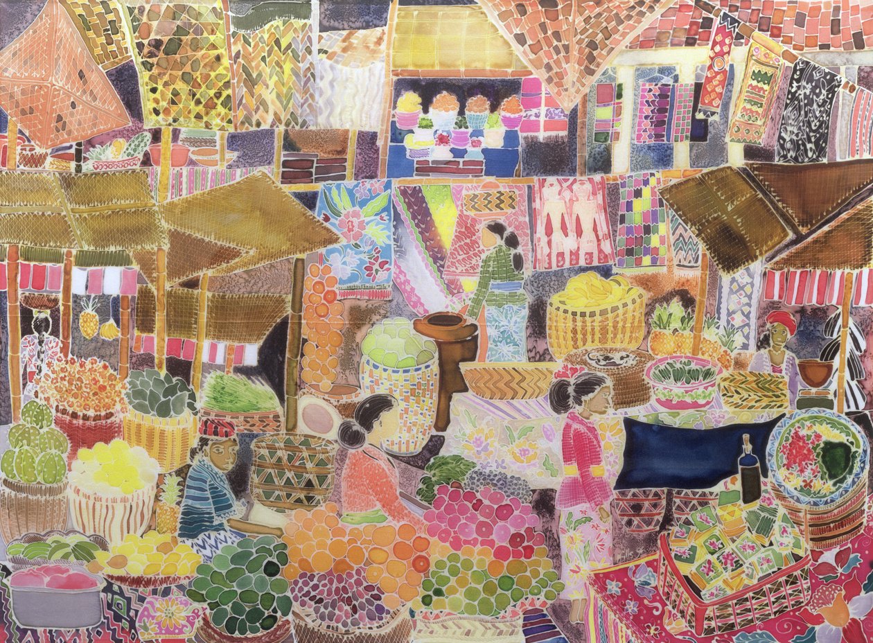 Mercado de Ubud, Bali, 2002 (tinta colorida sobre seda) de Hilary Simon