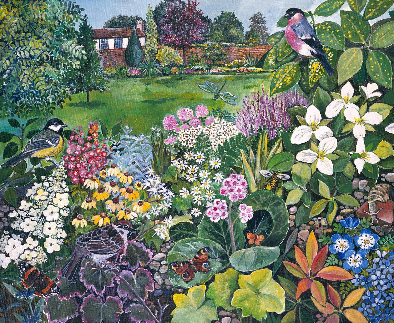 O jardim com pássaros e borboletas de Hilary Jones