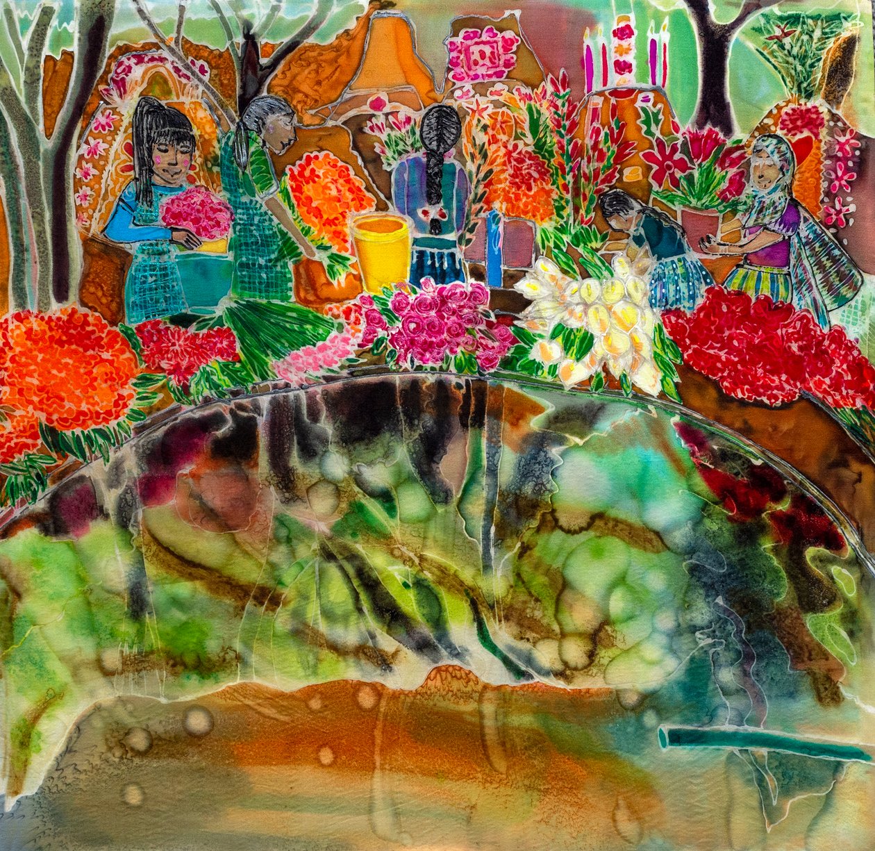 Vestir as campas, Dia dos Mortos, Oaxaca, 2023 (tintas sobre seda) de Hilary Simon