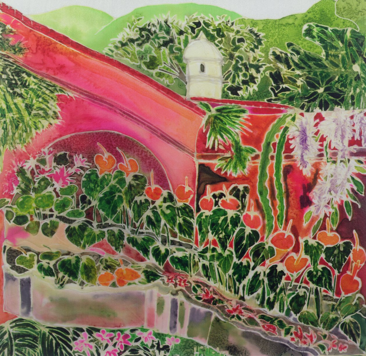 Em Nosso Jardim, Antígua (tintas de cor sobre seda) de Hilary Simon